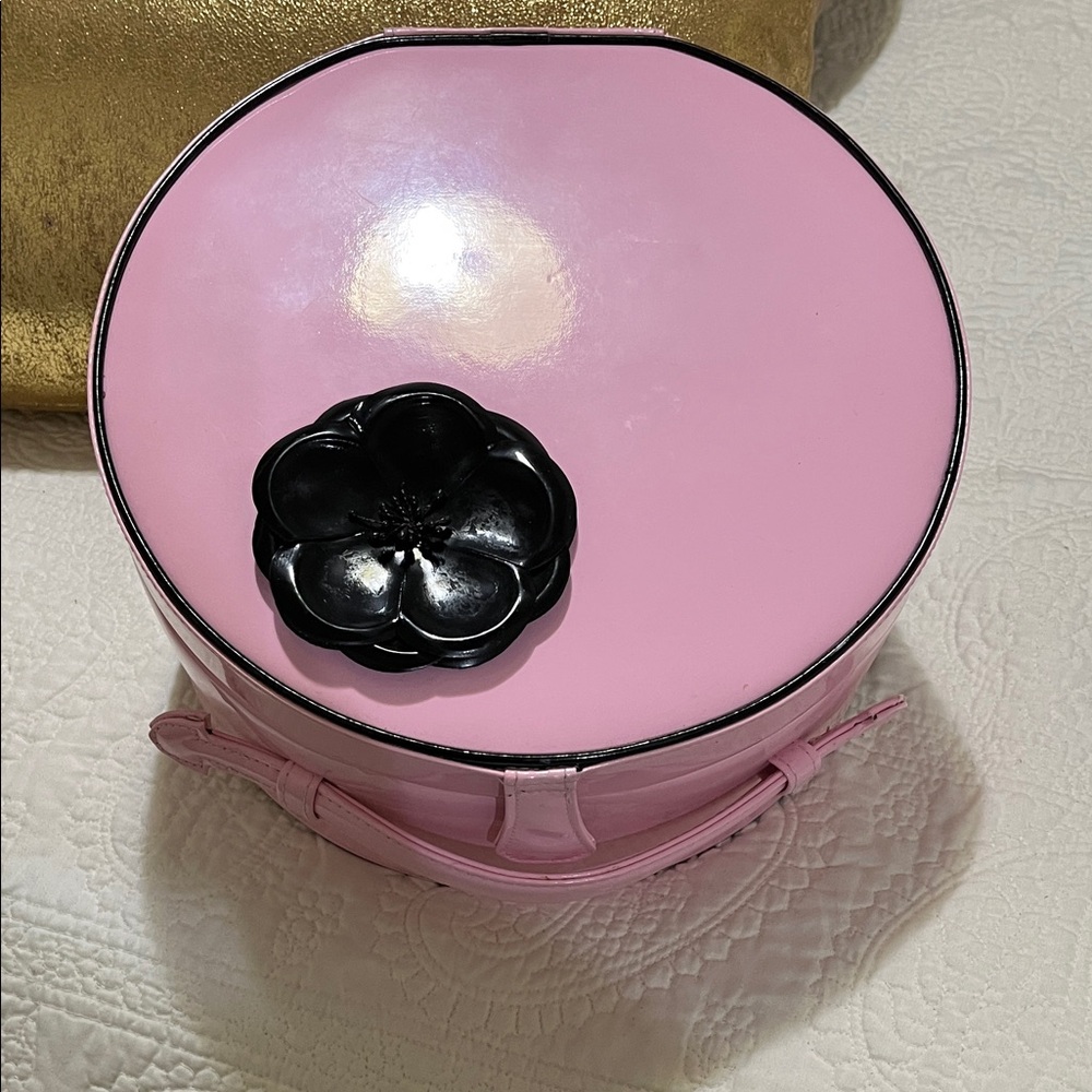 Pink Round Cosmetic/ Storage Box with Black Flower Accent - Picture 1 of 7